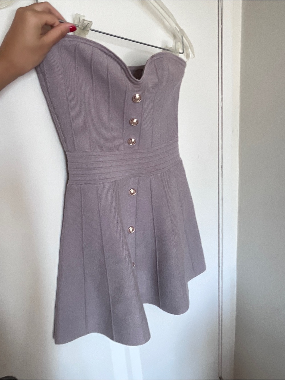 Strapless Lavender-Peach Fit & Flare Dress with Gold Buttons